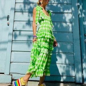 Green Buffalo Check (Gingham) Maxi Dress with Pom Poms - Sz XS - M